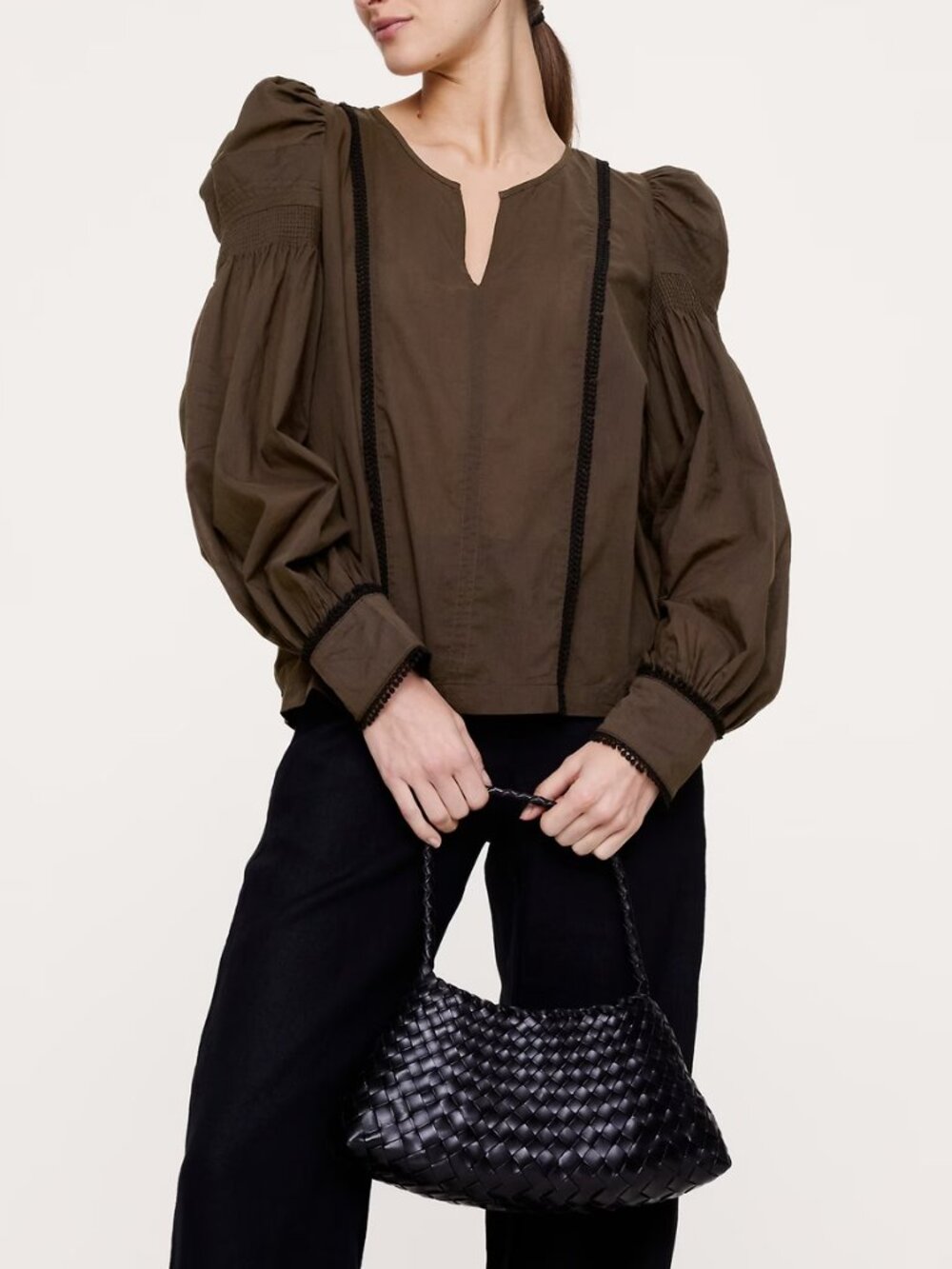 NWT Banana Republic Brownstone Lightweight Cotton Lace-Trim Puff-Sleeve Top XXS